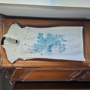 White‎ satin dress with blue peacock sequins and beaded design. Size Medi…
